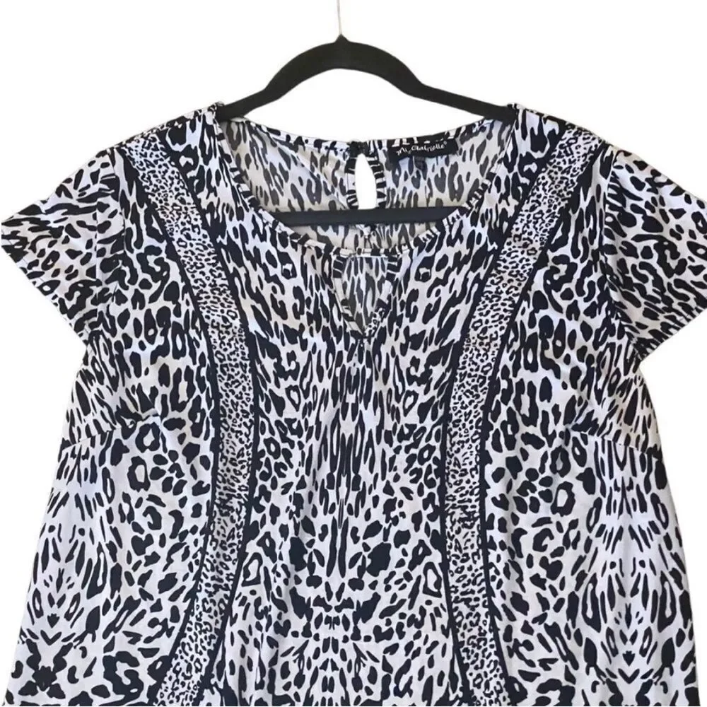 Mlle Gabrielle Black White Multi Print Cap Sleeve Dress Size 2X Stretch - Picture 2 of 8